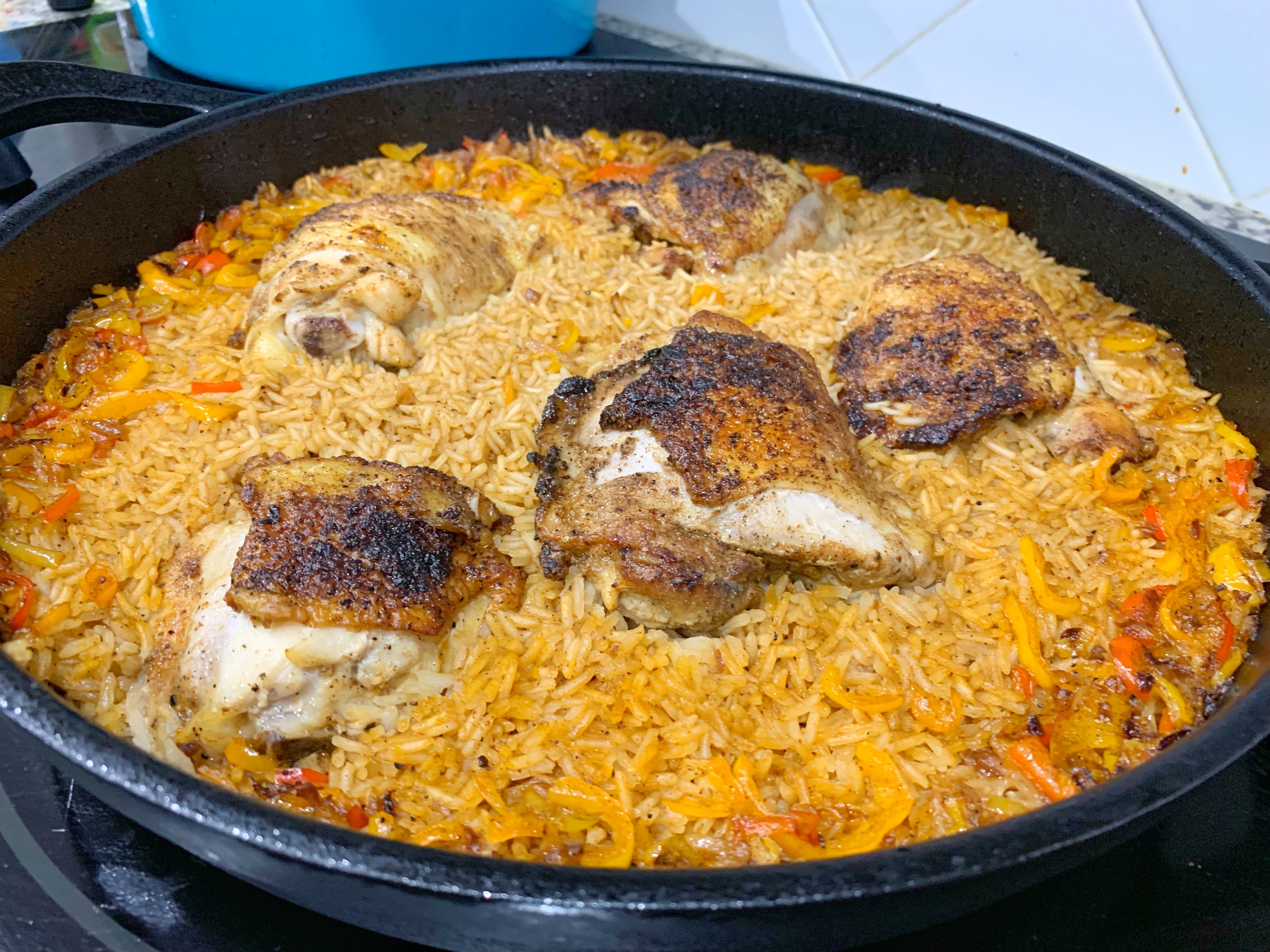 Chicken and Rice in cast iron skillet