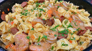 Garlic Pepper Shrimp with Three Cheese Tortellini and Andouille Sausage