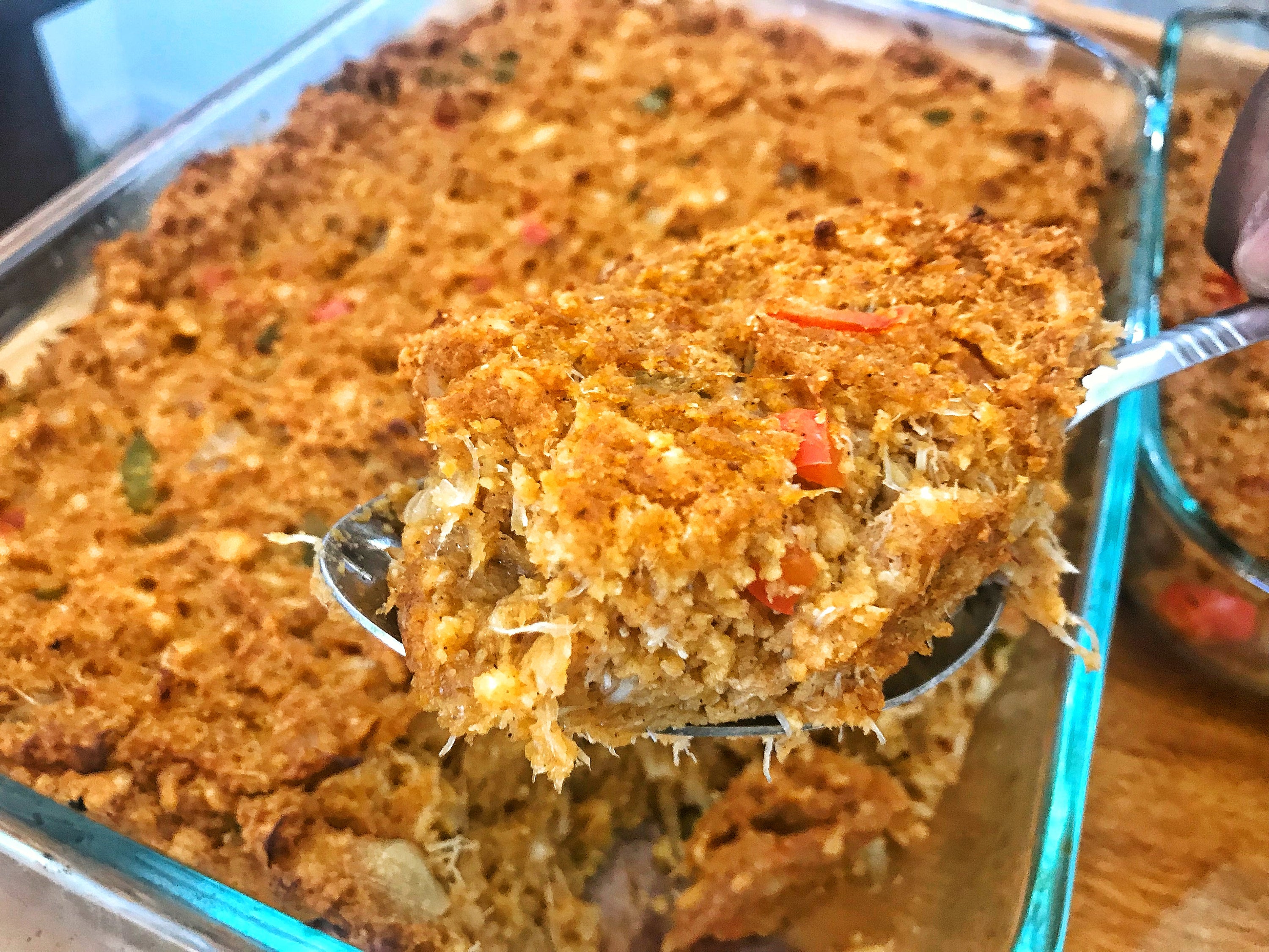 Deviled Crab Corn Bread Dressing with Chilau Sauce