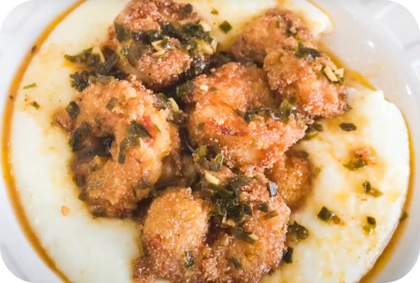 Marinated Fried Shrimp'n Grits with Chilau Citrus Glaze