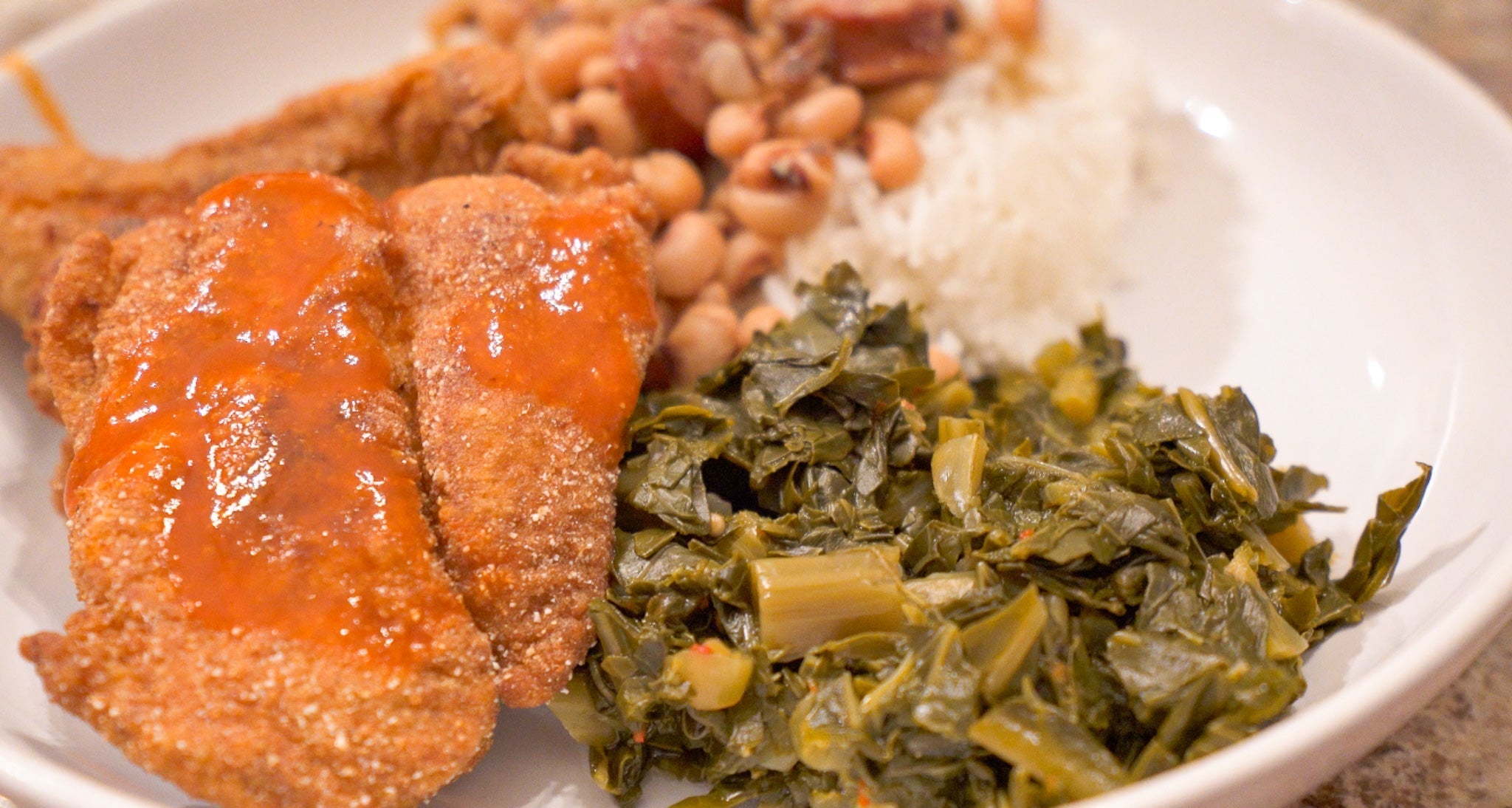 Southern Fried Fish with Collard Greens and Black-eyed Peas